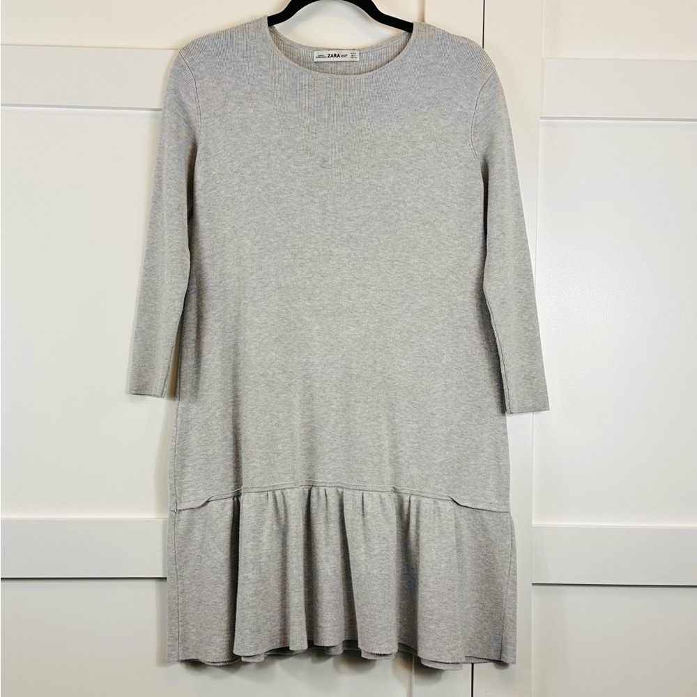ZARA Knit Dress Flounce Soft Taupey Grey Viscose Nylon Blend Sz M